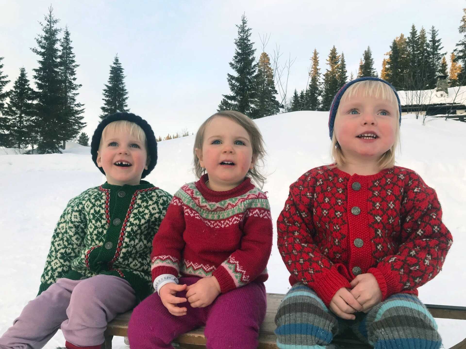Three children in traditional Norwegian knitwear in the snow